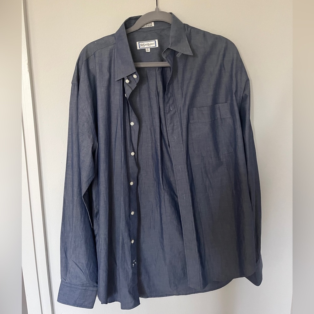 Vintage Yves Saint Laurent Men's Blue/Gray Button Down Shirt (16)